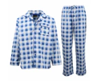 Men's 2PCS SET 100% Soft Cotton Pajamas Pyjamas PJs Sleepwear Top Pants Nightie - Blue Check