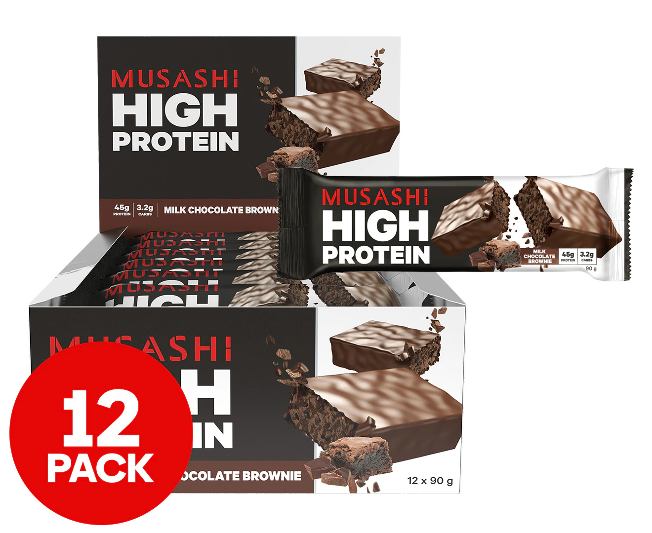 12 x Musashi High Protein Bars Milk Chocolate Brownie 90g