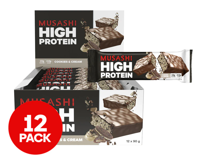12 x Musashi High Protein Bar Cookies & Cream 90g