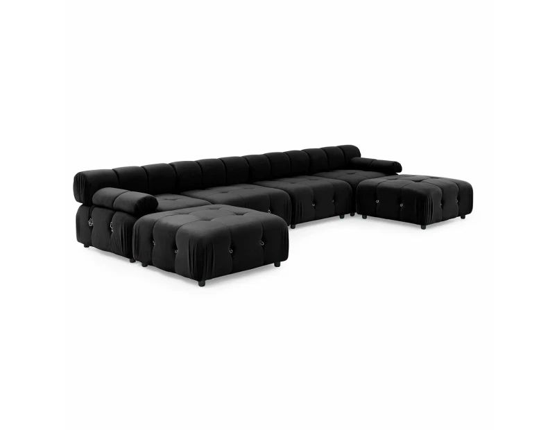 Foret 6 Seater Sofa Modular Arm Ottoman Tufted Velvet Lounge Couch Chaise Black