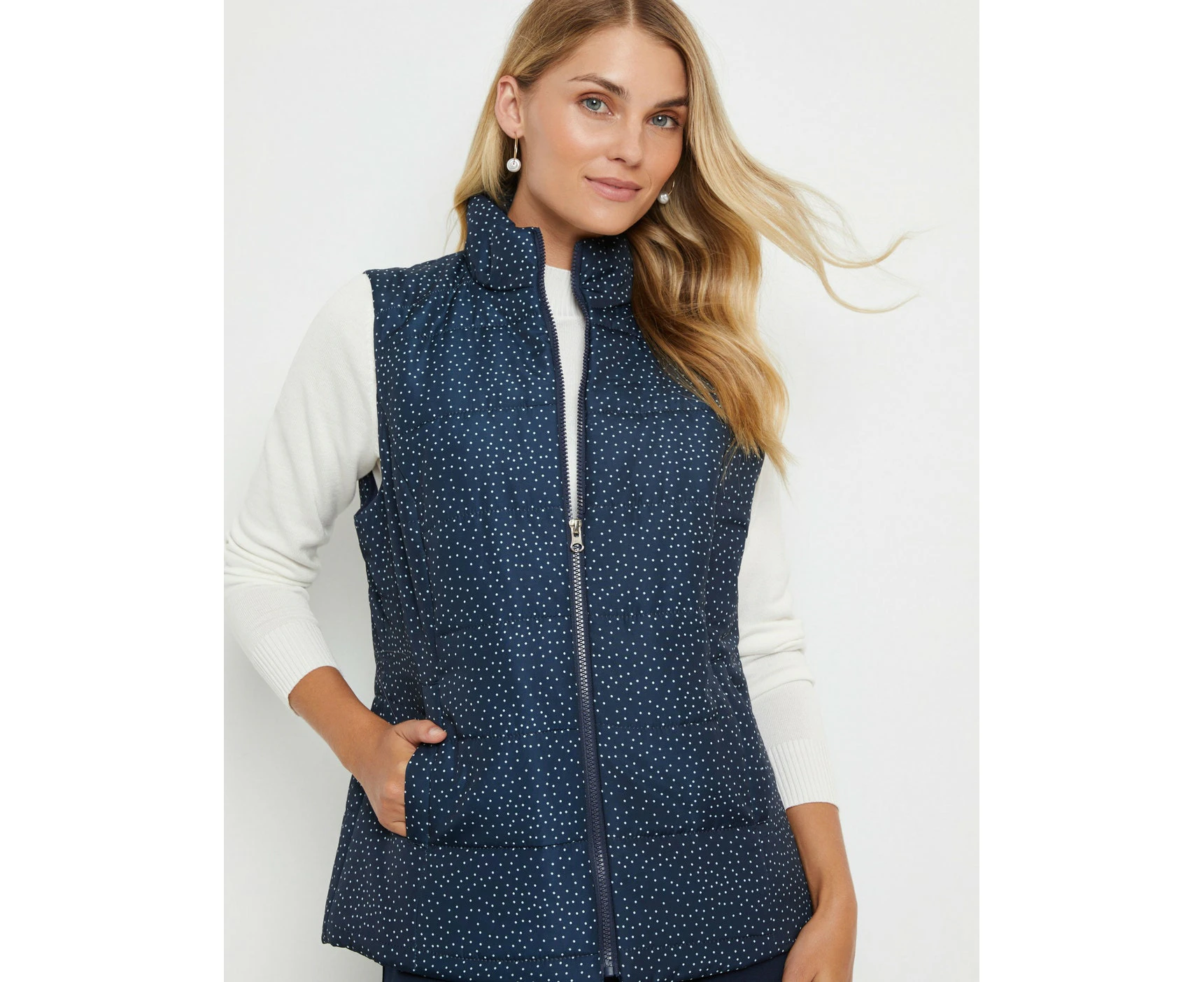 Noni B - Womens - Vest - Winter - Blue - Puffer / Gilet / Jacket - Sleeveless - Polka Dot Navy - Relaxed Fit - Length Regular - Casual Work Clothes