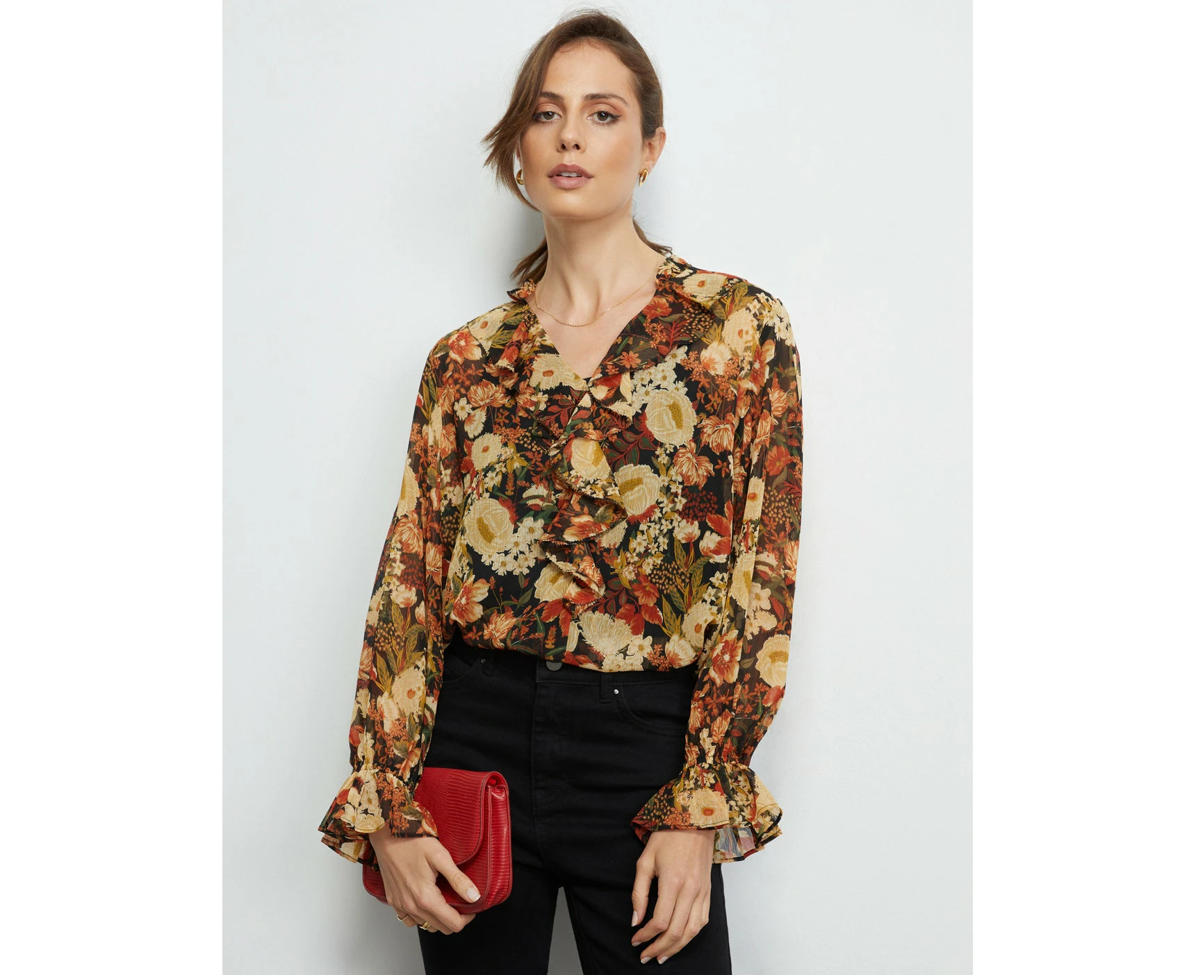 Liz Jordan - Womens -  Frill Floral Top - Natural