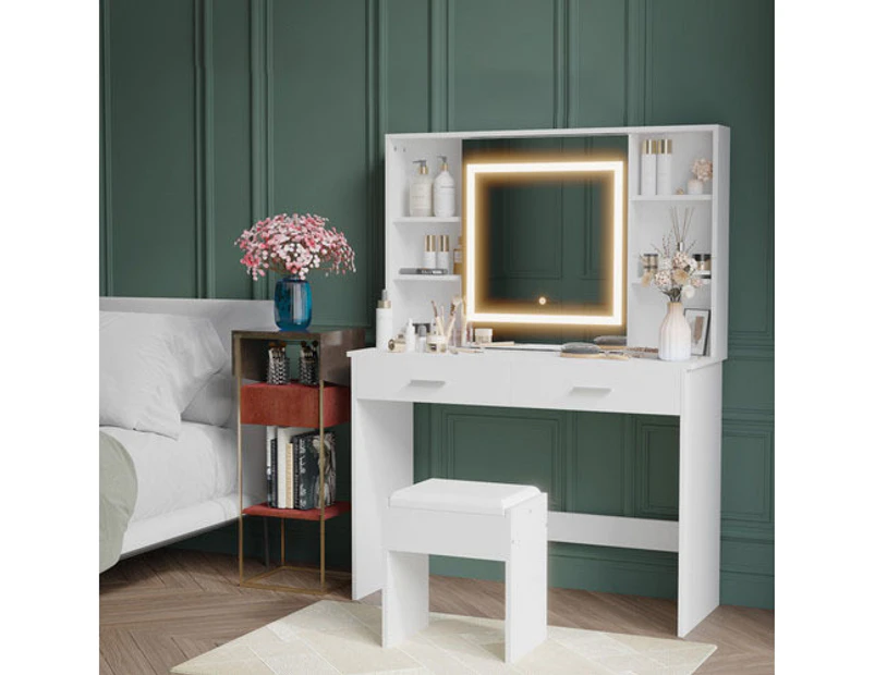 Ufurniture Dressing Table Stool Set Vanity Desk with LED Slide Make up Mirror Hidden Storage Shelf White