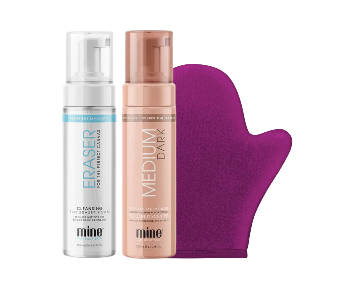 MineTan Medium Dark Self Tan Foam, Applicator Mitt & Tan Eraser Set