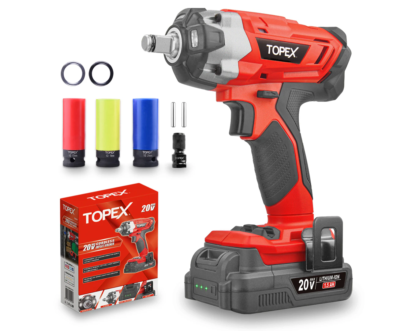 TOPEX 2 in 1 20V Cordless Impact Wrench Driver 1/2" w/ Sockets Battery & Charger