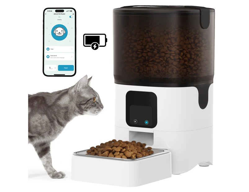 Automatic Cat Feeder, 6L Timed Pet Feeder Dry Food Dispenser for Cats & Dogs with WiFi App Control, Dual Power Supply & Stainless Steel Bowl