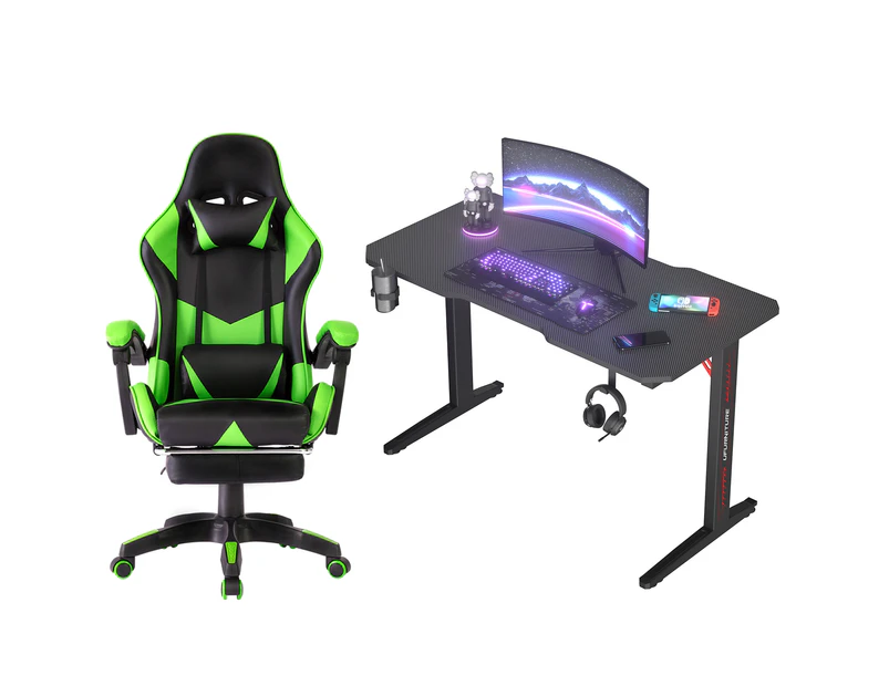 Gaming Office Desk 120cm & Gaming Office Chair Tilt 135°with Footrest Green
