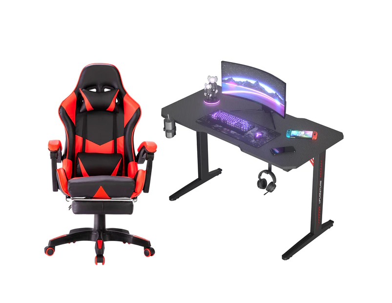 Gaming Office Desk 120cm & Gaming Office Chair Tilt 135°with Footrest Red