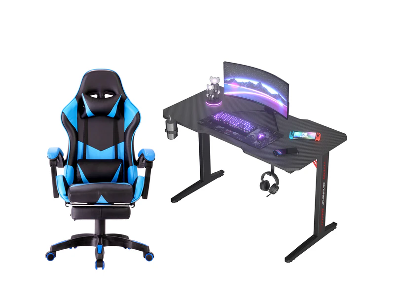 Gaming Office Desk 120cm & Gaming Office Chair Tilt 135°with Footrest Blue