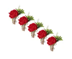 5PCS Wedding Boutonniere Pin Fixed Plastic Artificial Flower Corsage for Bride and Groom Red