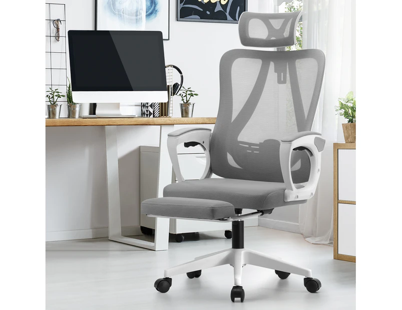 Oikiture Mesh Office Chair Adjustable Lumbar Support Reclining Footrest White