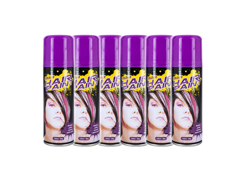 Party Central 6PK Hair Spray Paint Fluro Purple Long Lasting Non Sticky 125ml - Fluro Purple