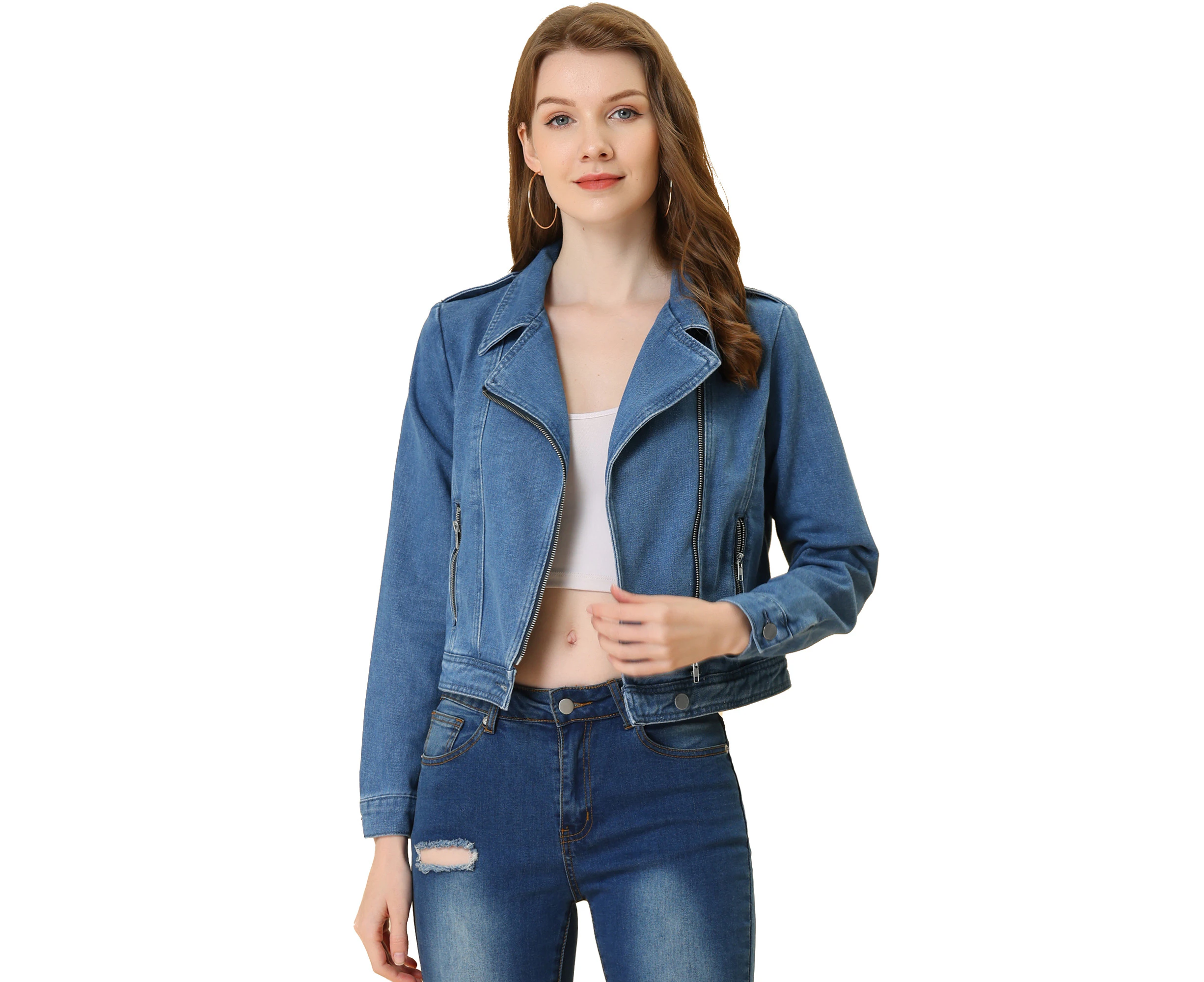 Allegra K Lapel Moto Denim Jackets Blues