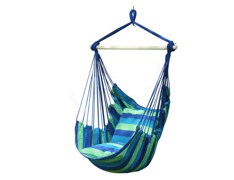 Oweite Blue+Green 130*100cm Garden Deluxe Hanging Hammock Chair Swing Outdoor/Indoor Camping With 2 Pillows + Stick