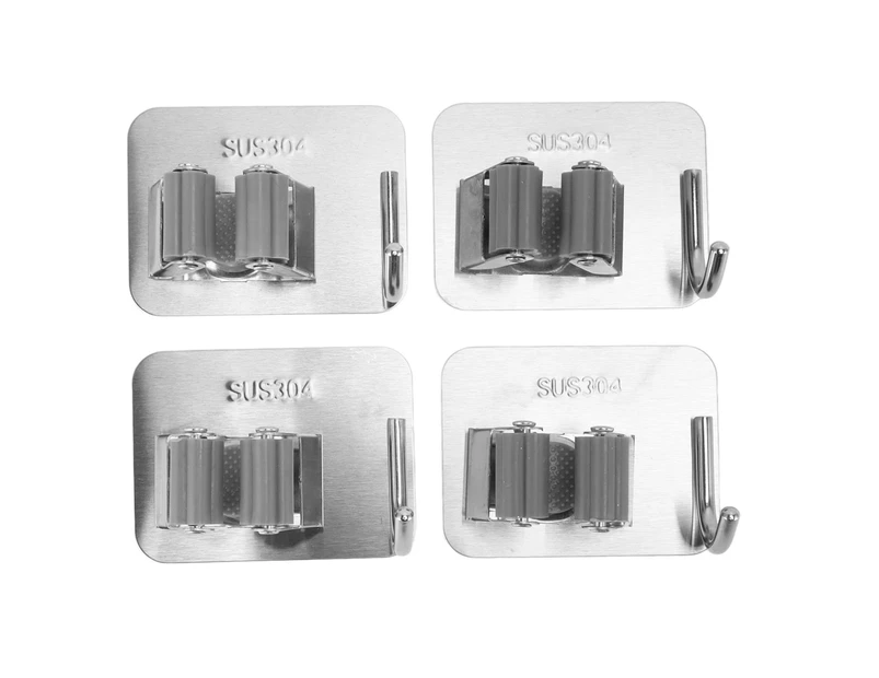 4Pcs Silver Mop Broom Holder With Hook Wall Mounted 304 Stainless Steel Mop Clip Holder