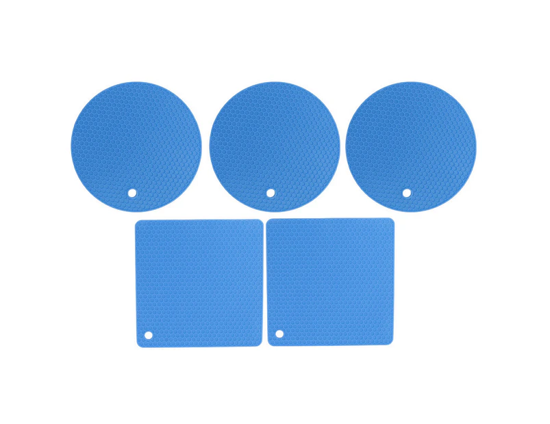 5Pcs Silicone Trivet Mat Square Round Honeycomb Hot Pad Non Slip Heat Resistant For Hot Plate Pans Kitchen Pots Blue