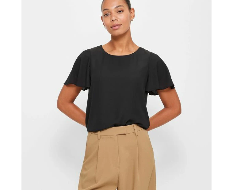 Crew Neck Flutter Sleeve Blouse - Preview - Black