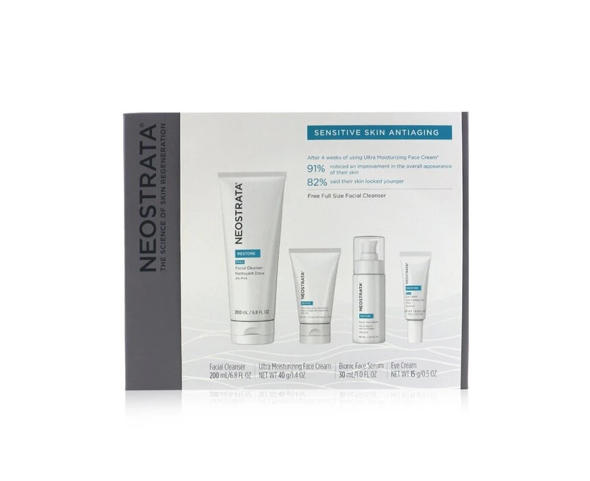 Neostrata Sensitive Skin Antiaging Kit: Restore Cleanser, Restore Face Cream, Restore Face Serum, Restore Eye Cream 4pcs