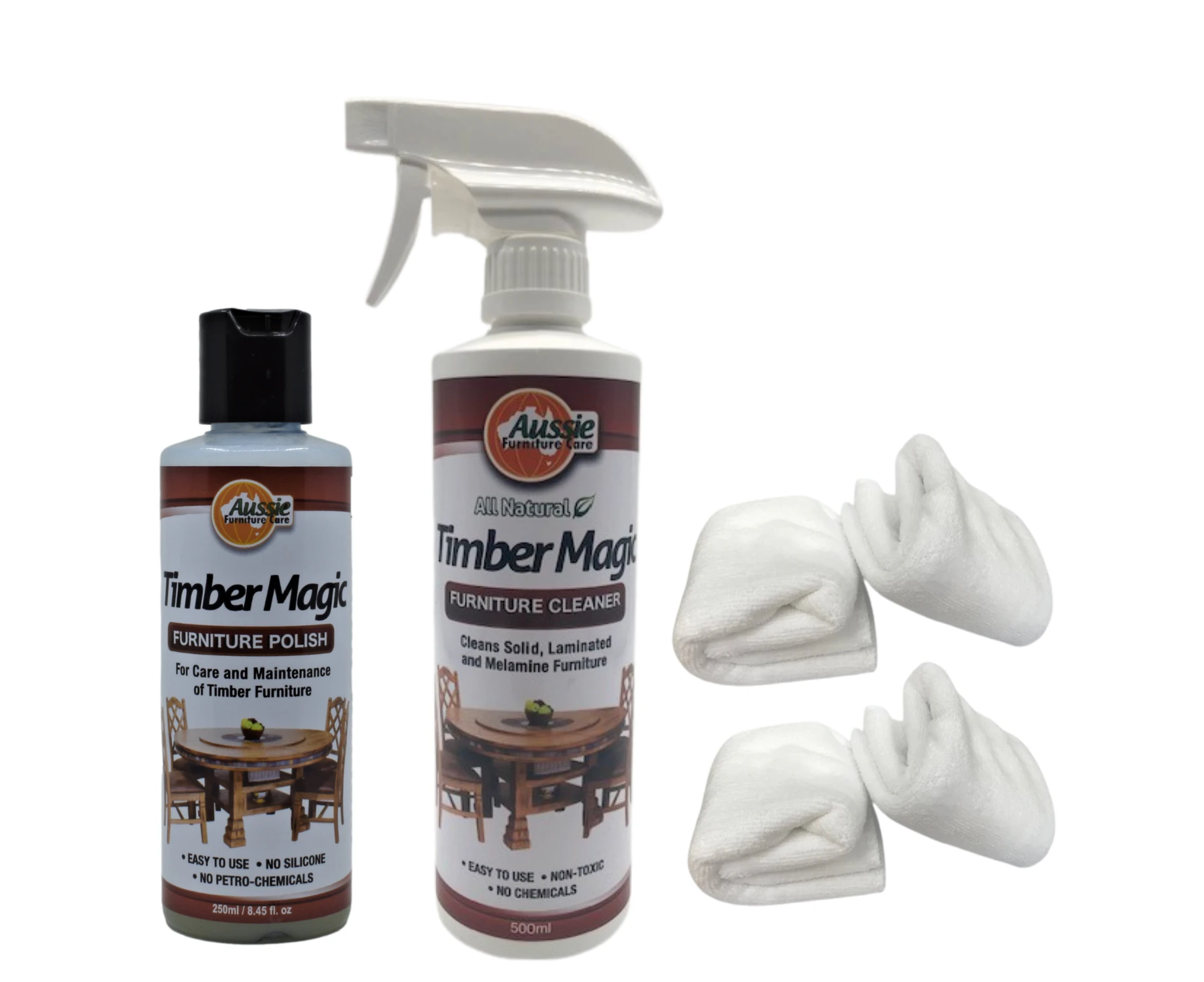 Timber Furniture Cleaner & Polish Combo With 4  Polishing Cloths