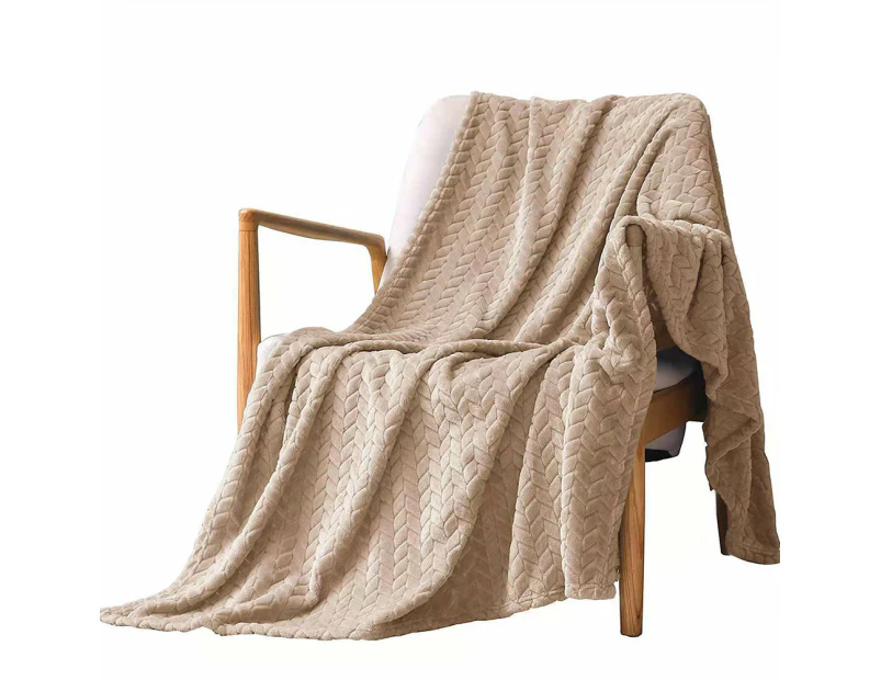 COMFEYA Soft Jacquard Leaves Pattern Flannel Fleece Throw Blanket - khaki