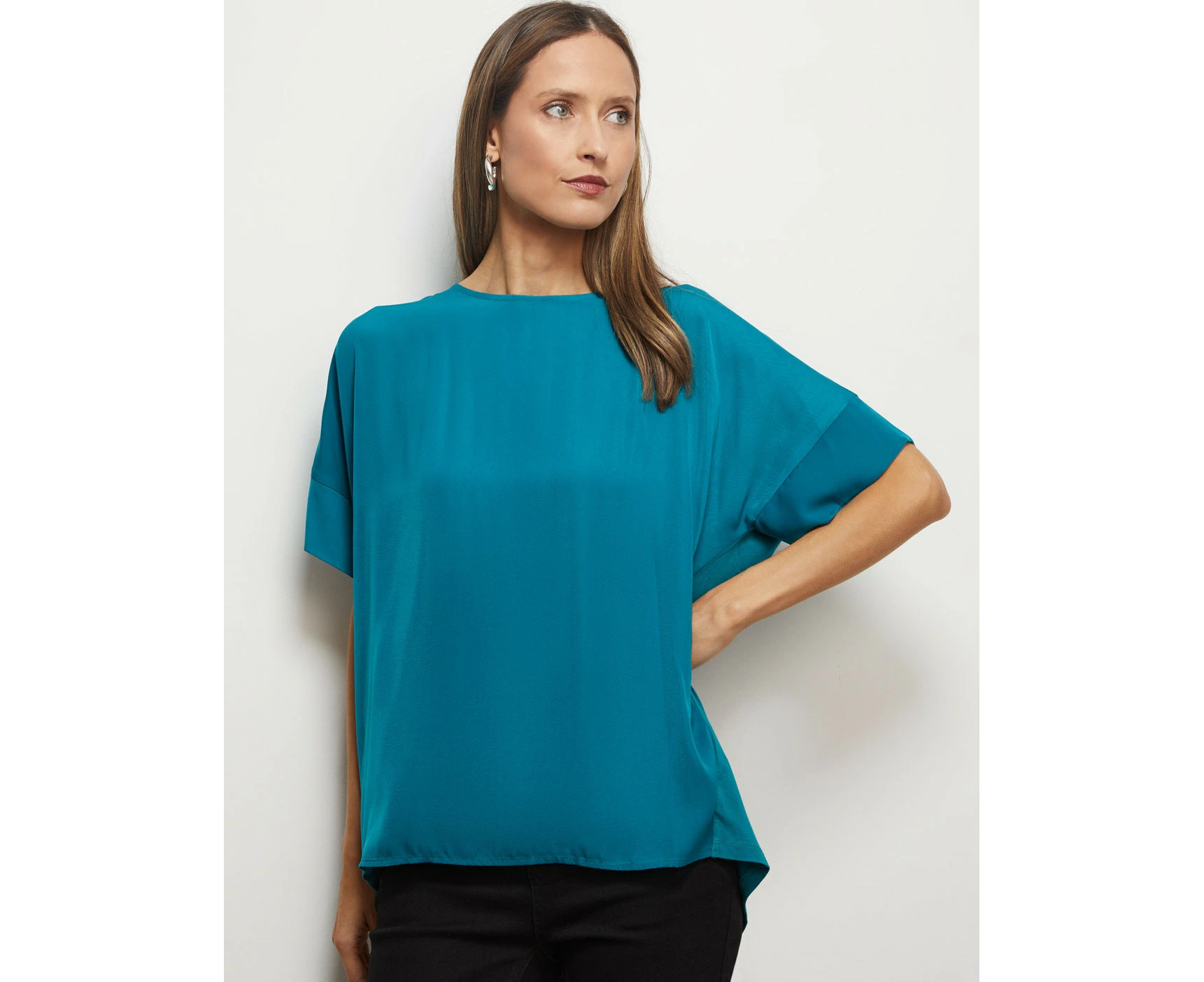 Liz Jordan - Womens Summer Tops - Blue Basic - Elastane - Vivid - Work Clothes - Elbow Sleeve - Satin - Everyday Office Wear - Smart Casual Fashion