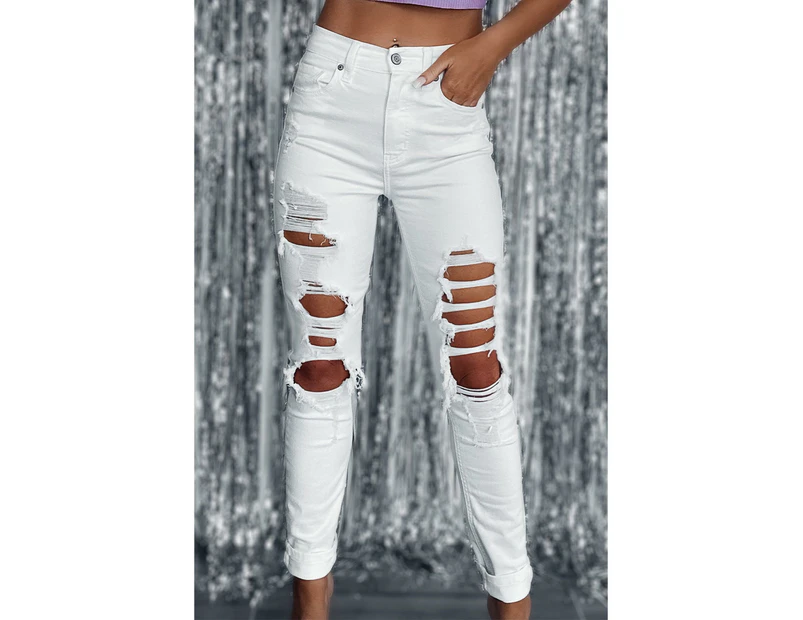Azura Exchange High Waist Distressed Skinny Jeans - White