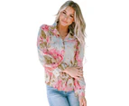 Azura Exchange Floral Collared Shirt with Puff Sleeves - Pink