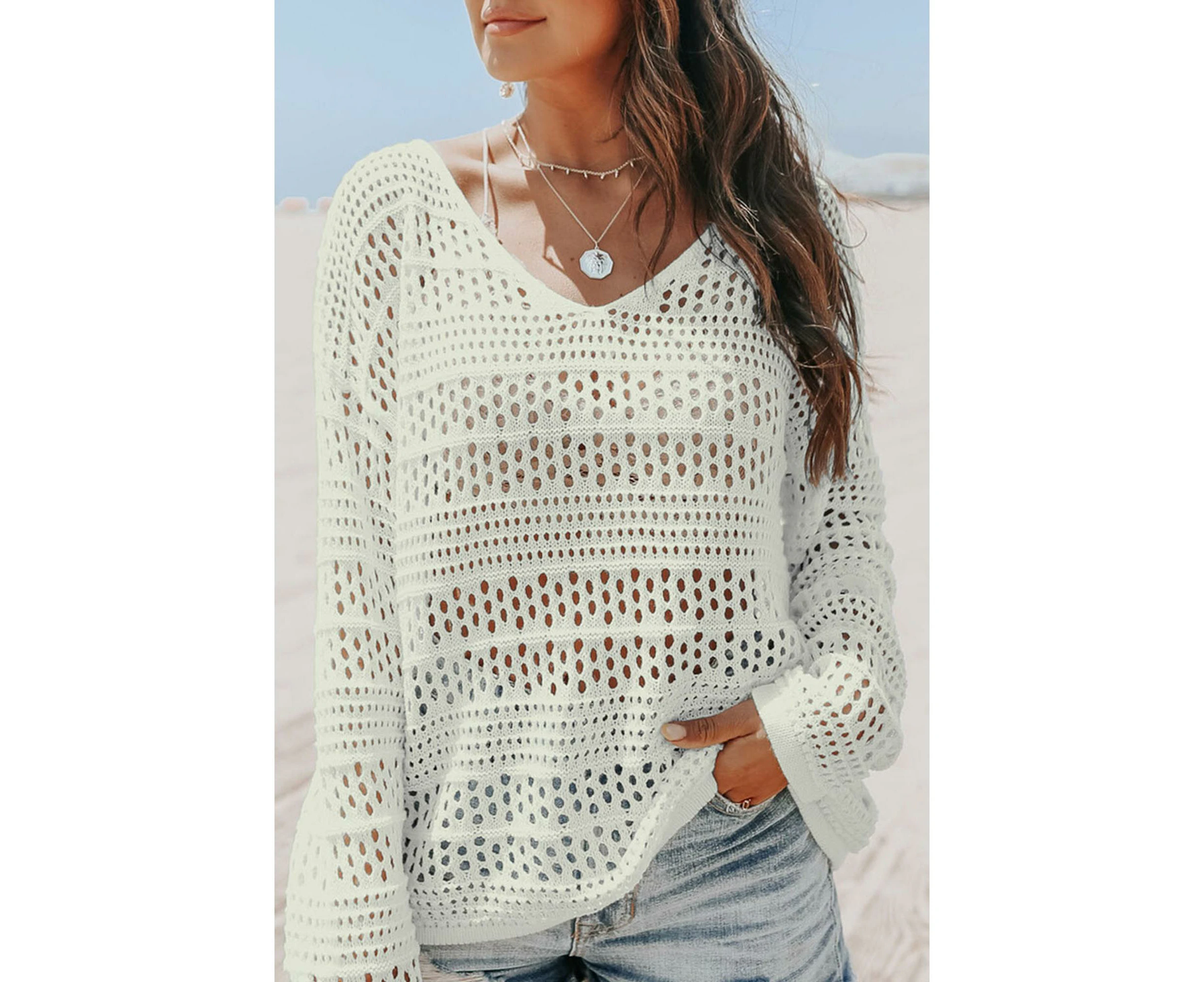 Azura Exchange Hollow Out Crochet V Neck Sweater - White