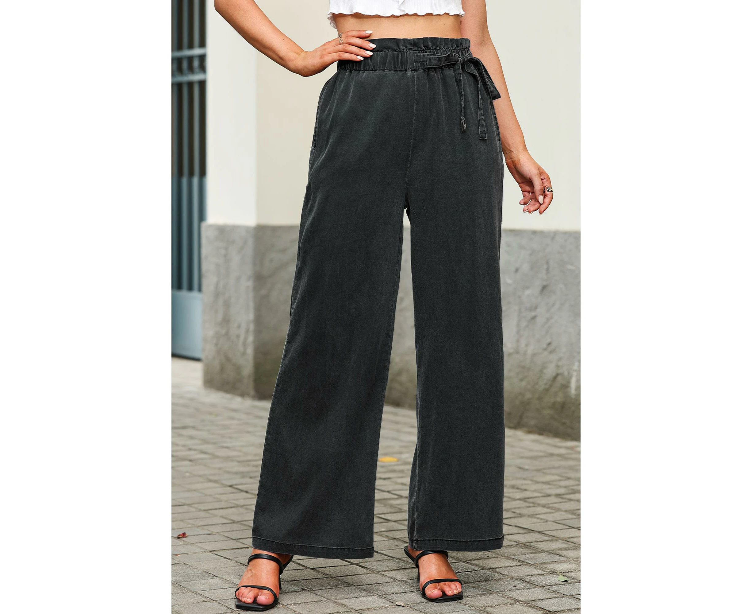 Azura Exchange Pocketed Wide Leg Tencel Jeans - Black