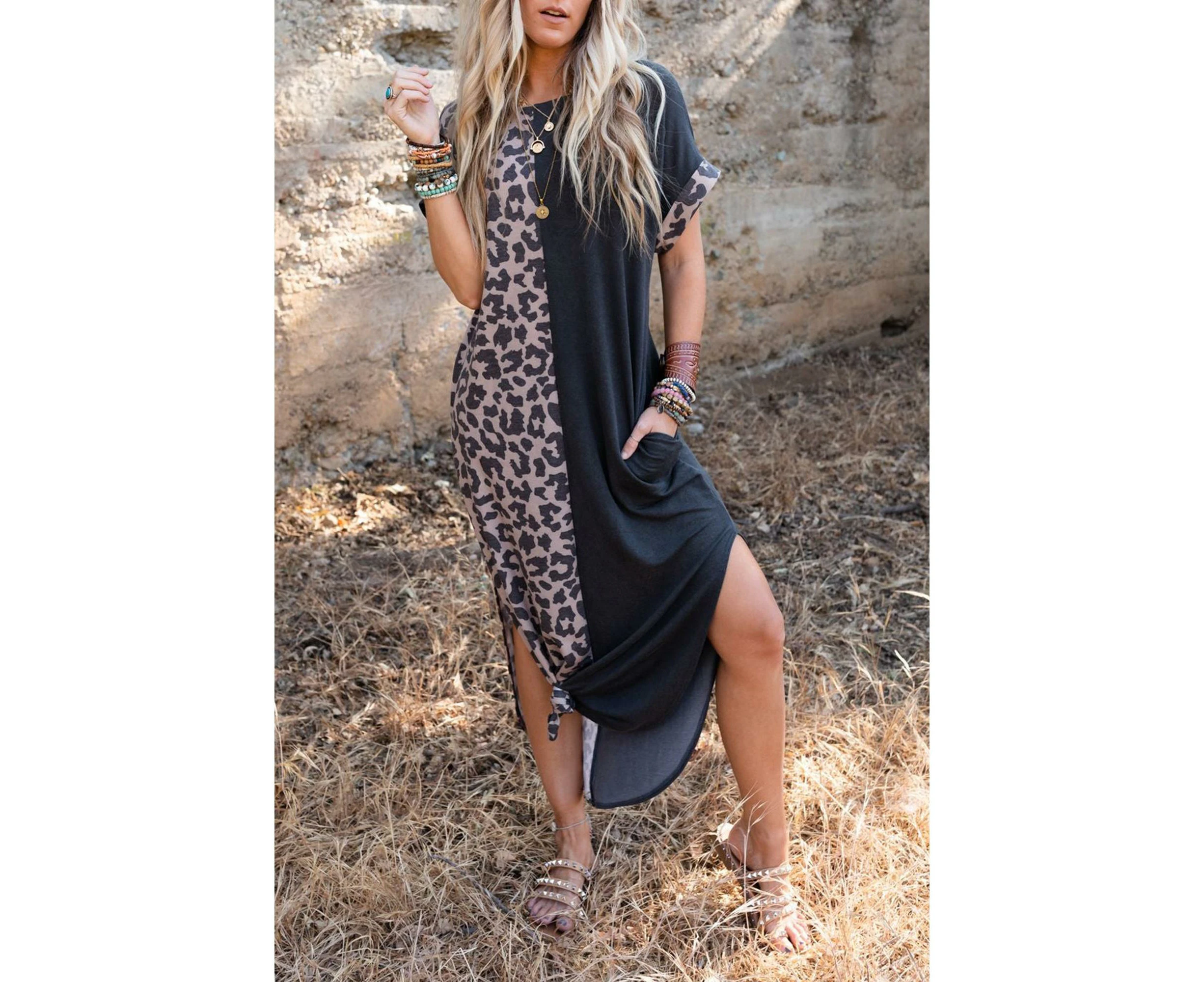 Azura Exchange Solid Leopard Short Sleeve T-shirt Dress with Slits - Black