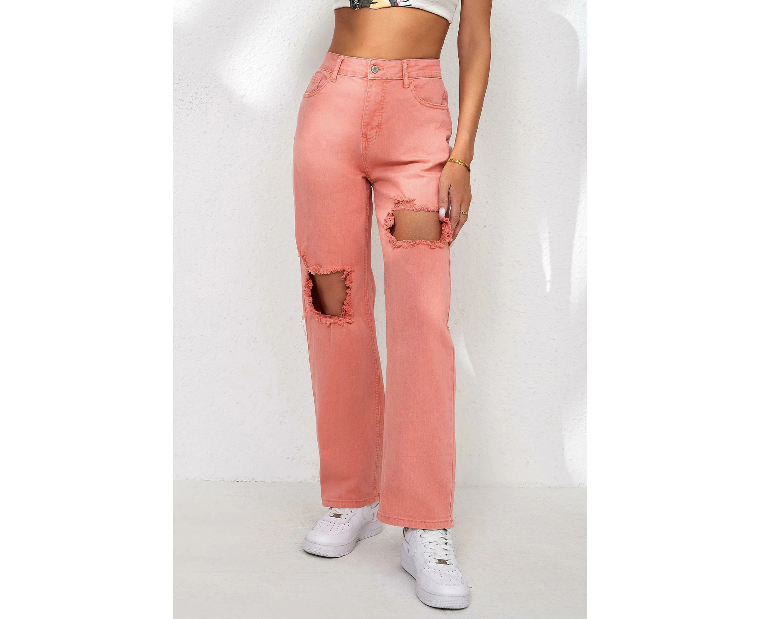 Azura Exchange Ripped Straight Leg Pocket Jeans - Pink