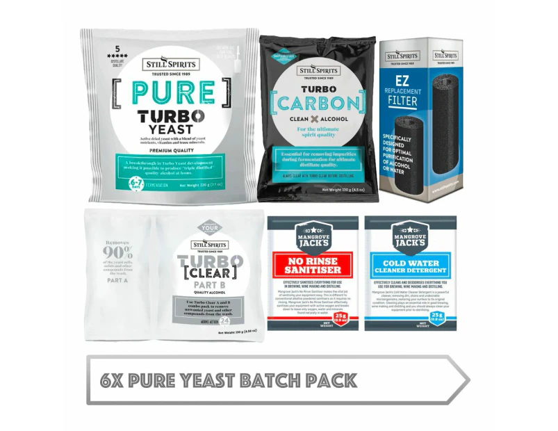 6x Pure Yeast Batch Pack: 6x Still Spirits Pure Yeast, 6x Turbo Carbon, 6x Turbo Clear, 6x EZ Filter, 6x Cold Water Detergent & 6x No-Rinse Sanitiser - ...