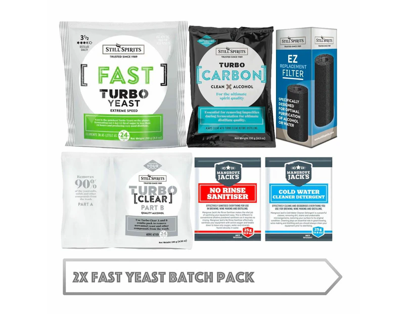 2x Fast Yeast Batch Pack: 2x Still Spirits Fast Yeast, 2x Turbo Carbon, 2x Turbo Clear, 2x EZ Filter, 2x Cold Water Detergent & 2x No-Rinse Sanitiser - ...