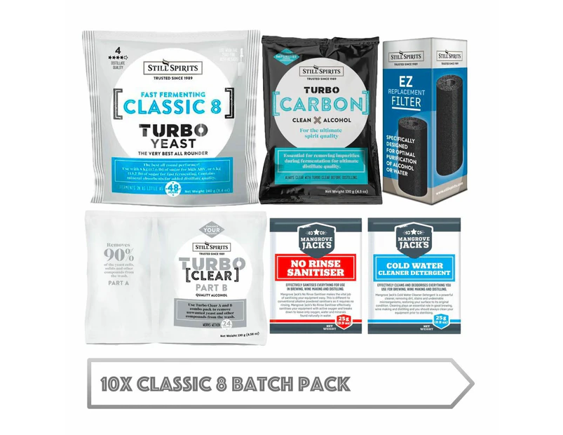 10x Classic 8 Batch Pack: 10x Still Spirits Classic 8 Yeast, 10x Turbo Carbon, 10x Turbo Clear, 10x EZ Filter, 10x Cold Water Detergent & 10x No-Rinse S...