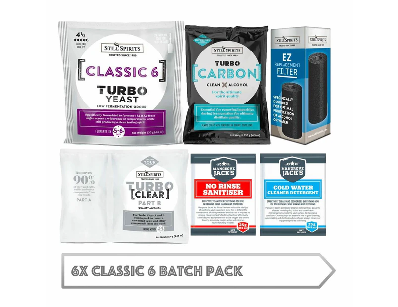 6x Classic 6 Batch Pack: 6x Still Spirits Classic 6 Yeast, 6x Turbo Carbon, 6x Turbo Clear, 6x EZ Filter, 6x Cold Water Detergent & 6x No-Rinse Sanitise...