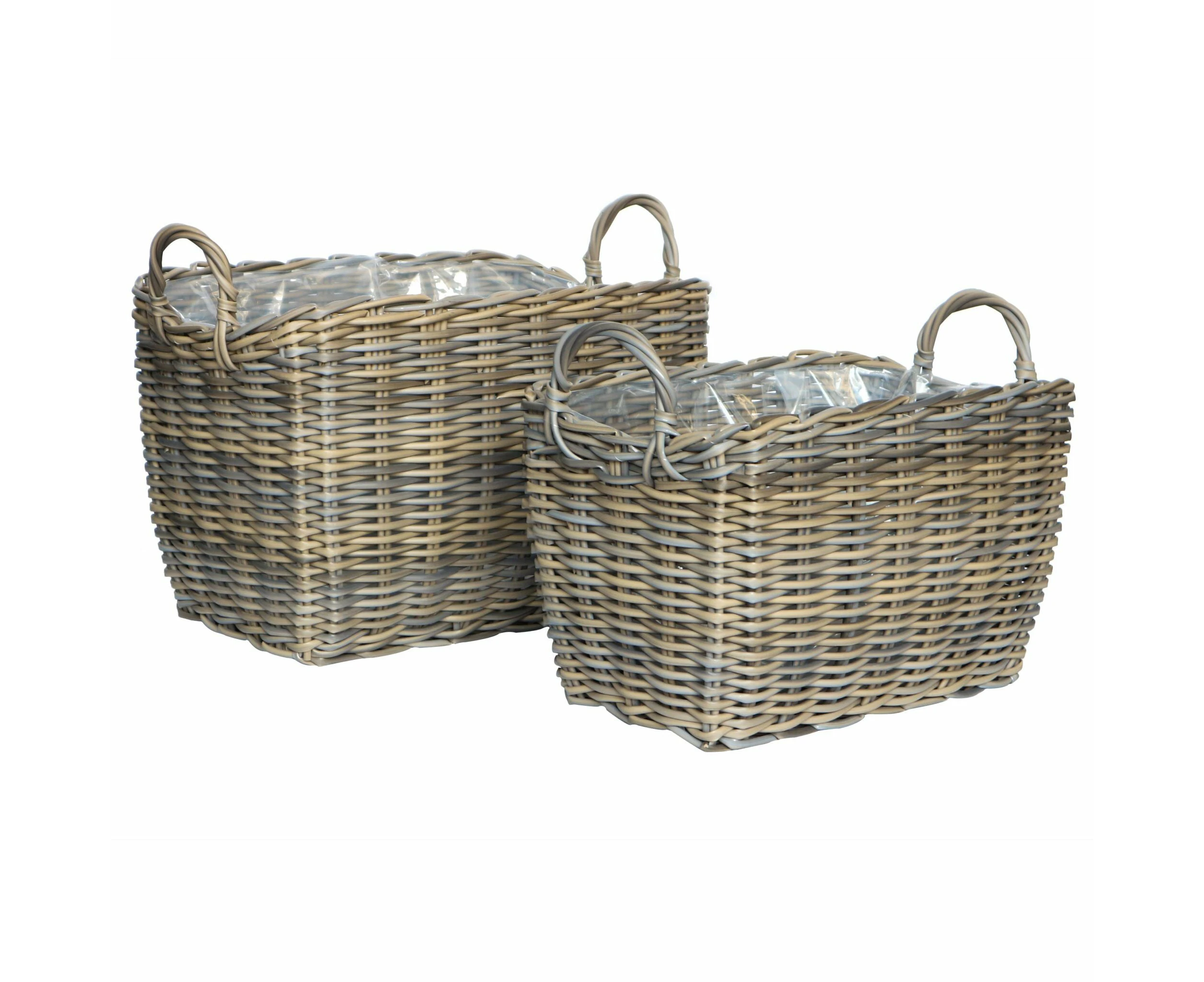 MALAWI 2 Piece Set Poly Rattan Wicker Planter Pot Basket - Brown Grey