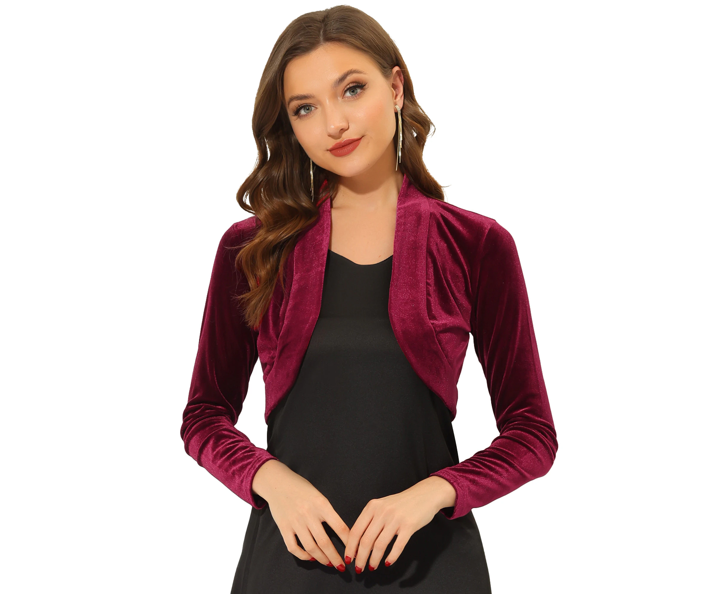 Allegra K Velvet Shrug Open Front Cropped Bolero Cardigan - Burgundy - Burgundy