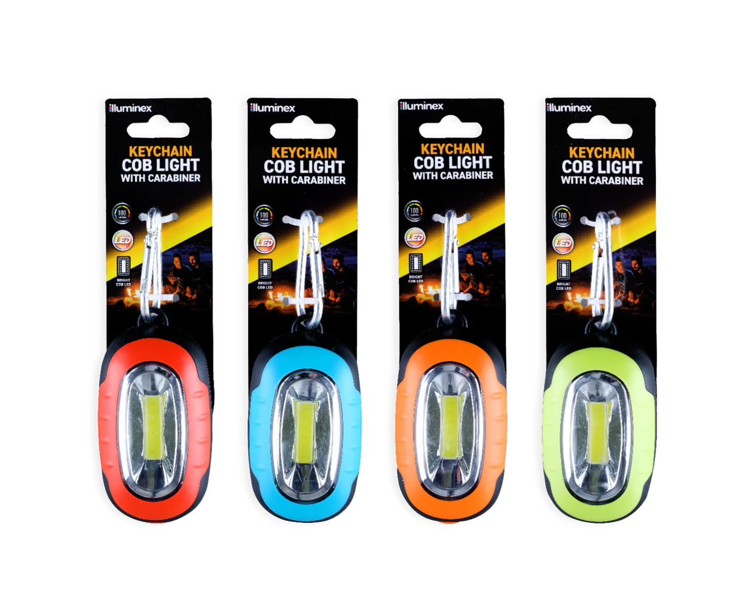 illuminex 4PCE LED COB Keychain & Carabiner 3 Bright Light Modes 45 x 75mm