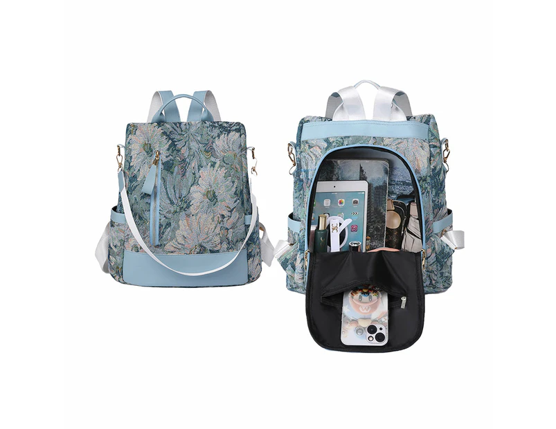 Printed Anti-theft Backpack Multifunctional Large Capacity Travel Bag Blue