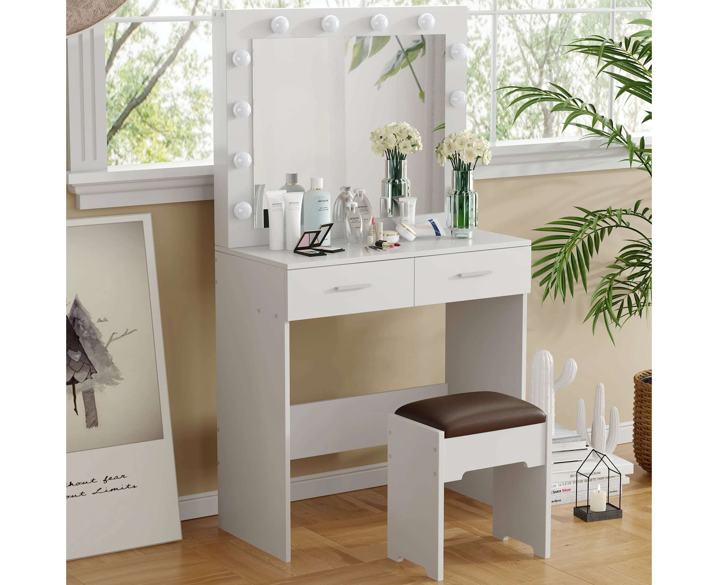 Fidel Vanity Set with Cushioned Stool and Lighted Mirror- White