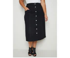 AUTOGRAPH - Plus Size - Womens Skirts -  Button Front A Line Denim Midi Skirt - Black