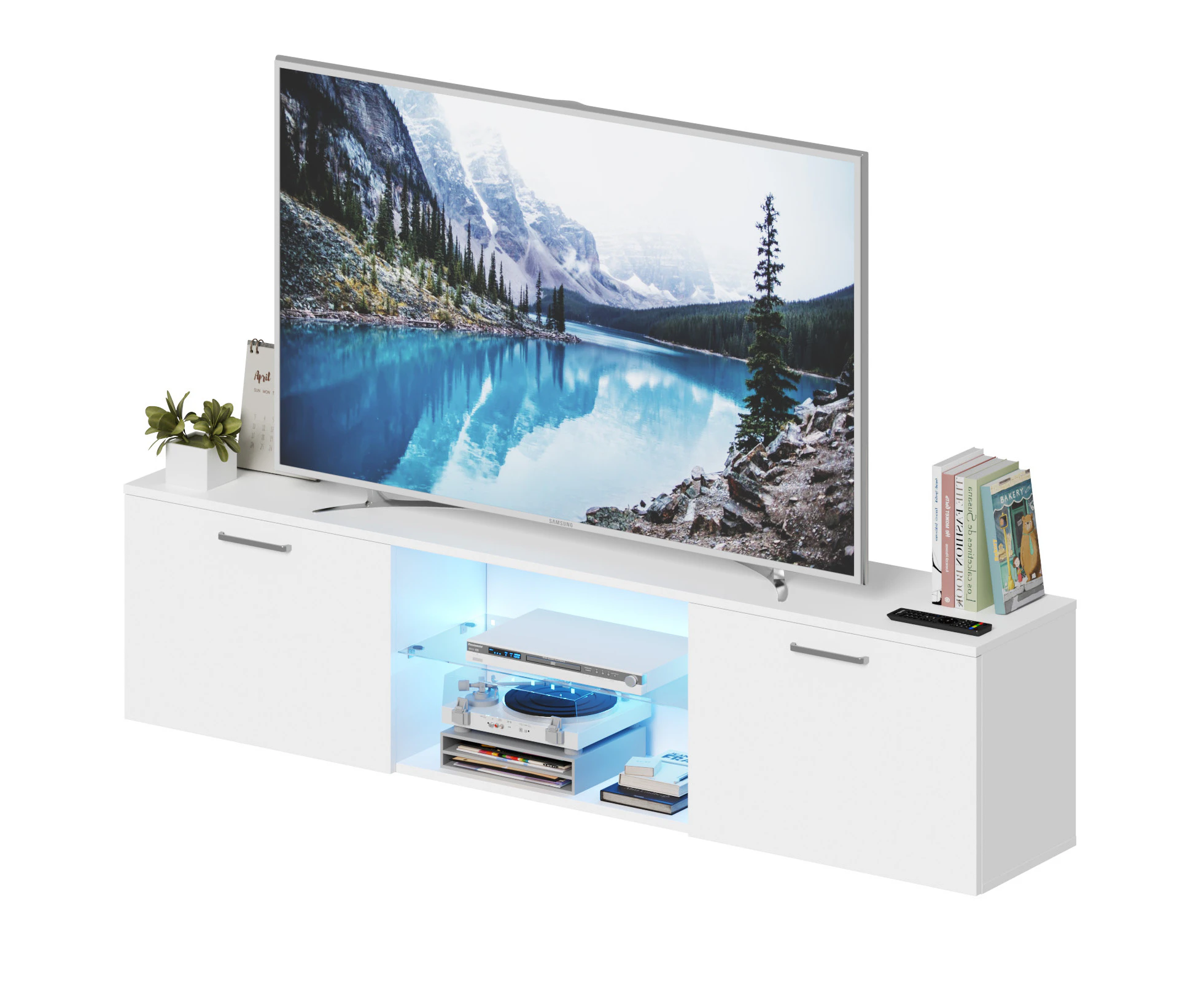 Advwin LED TV Cabinet 160cm Entertainment Unit Wooden Cabine Glass Shelf White