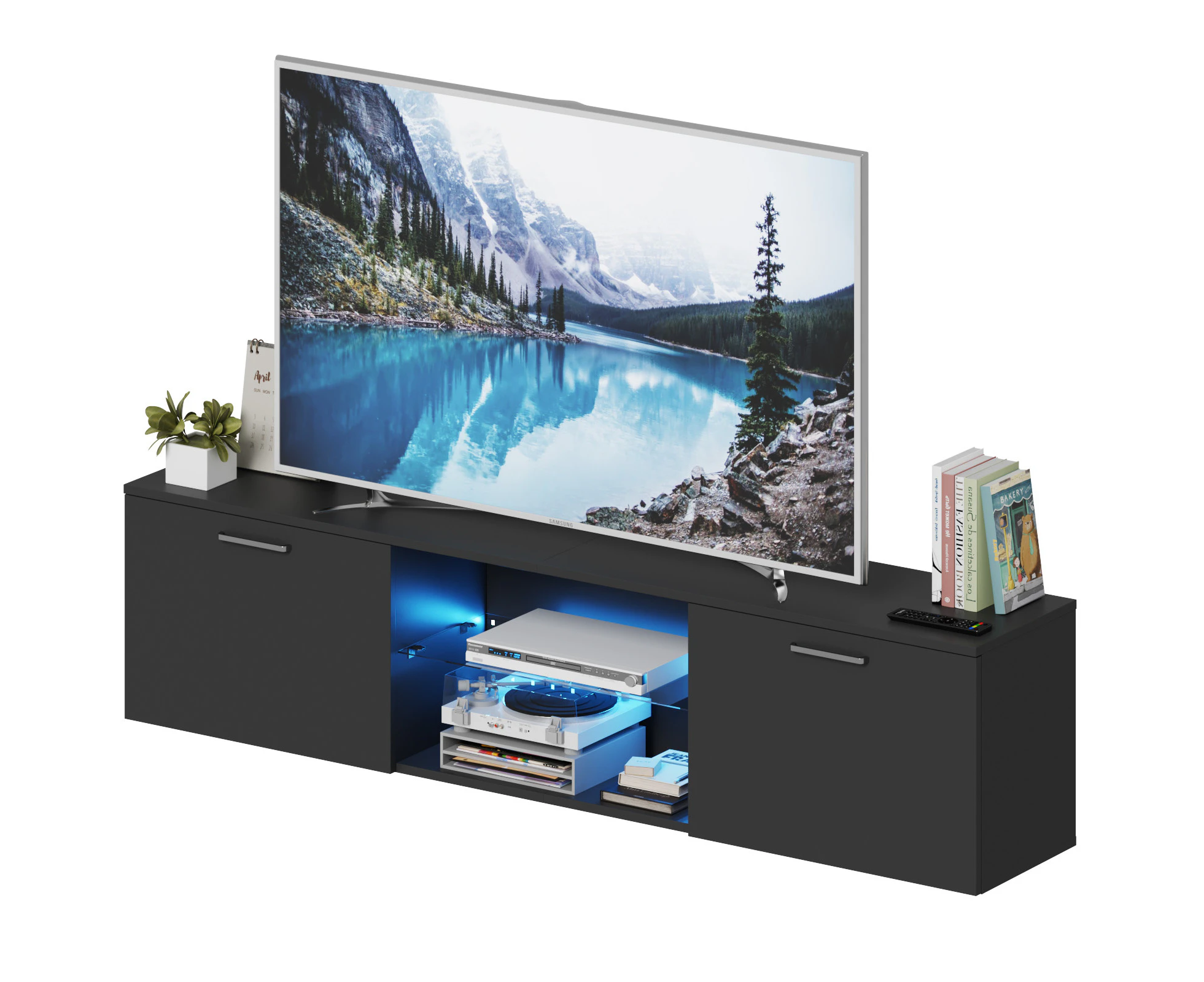 Advwin LED TV Cabinet 160cm Entertainment Unit Wooden Cabine with Glass Shelf Black