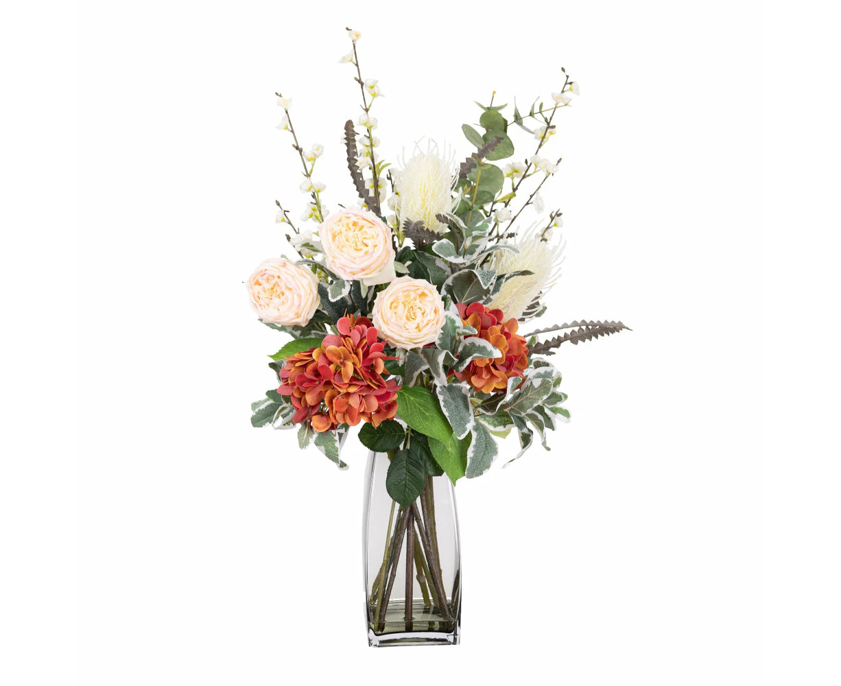 Glamorous Fusion Hydrangea & Banksia Artificial Plant Arrangement 80cm In Glass - Multi Color