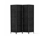 4 Panel Room Divider Privacy Screen Rattan Woven Wood Stand Black