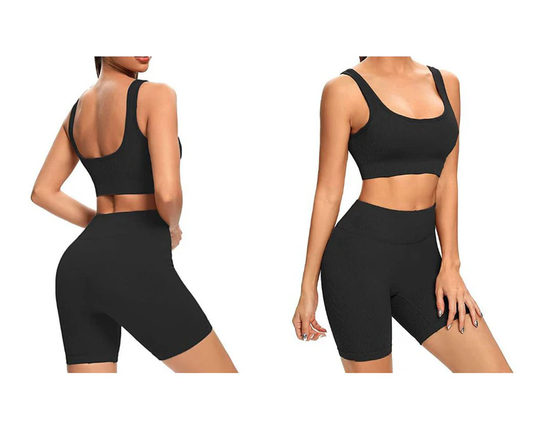 2 Piece - Sports Bra and Shorts Activewear Set - Black - Black