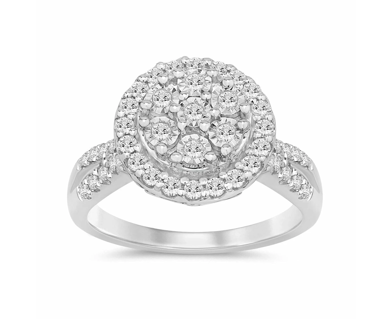 Bevilles Miracle Surround Halo Crossover Shoulder Ring with 0.50ct of Laboratory Grown Diamonds in Mirage Sterling Silver and Platinum - G-H