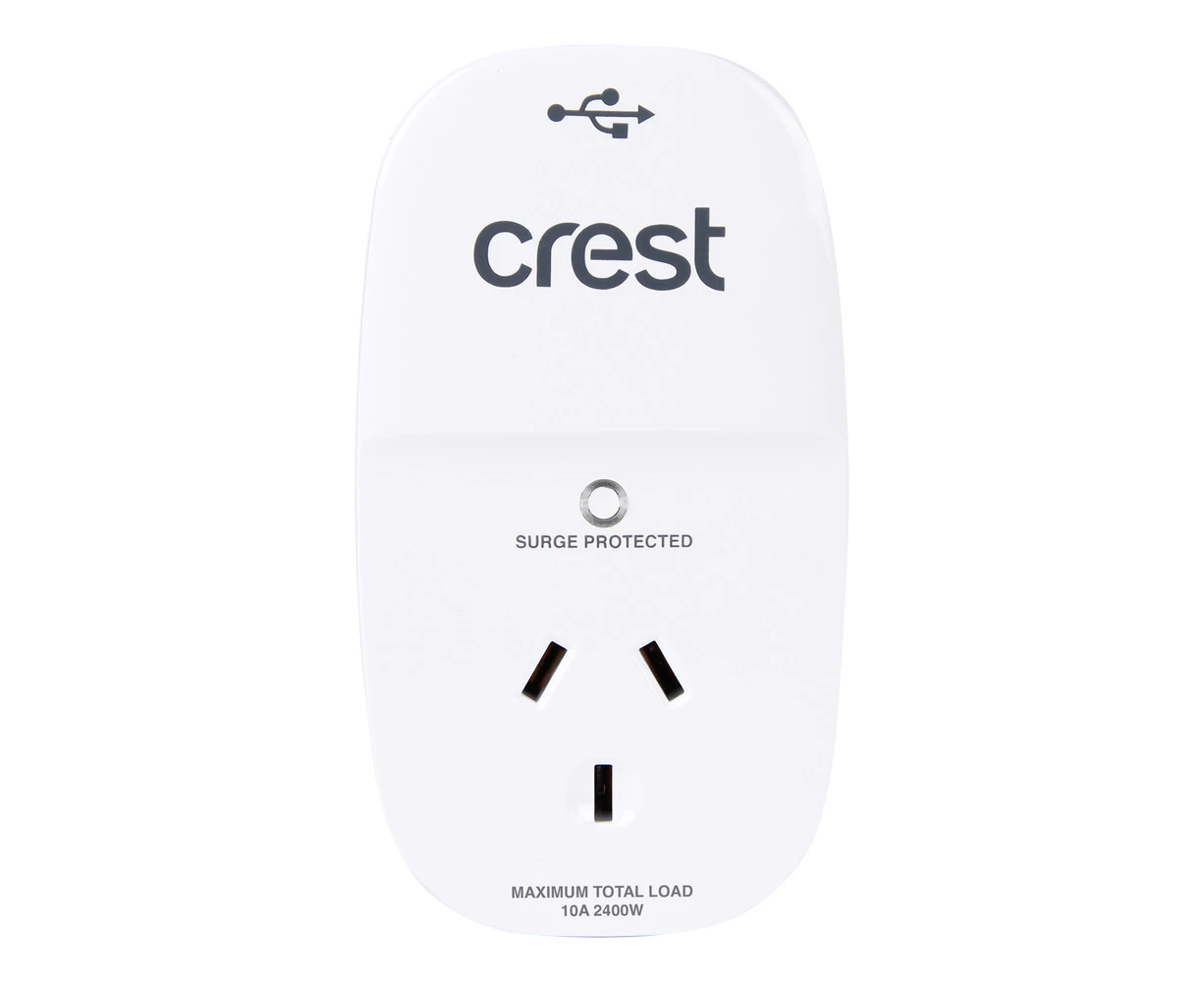 Crest Surge Protected 1-Socket Power Adaptor Outlet w/ 2x USB-A Ports White