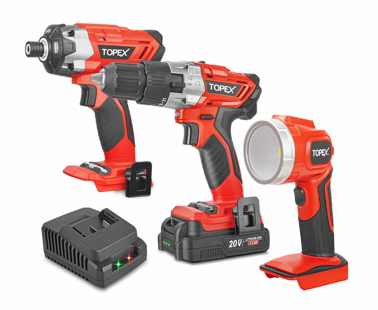 TOPEX 20 V Cordless Kit: Hammer Drill, Impact Driver, LED Light w/ Fast Charger