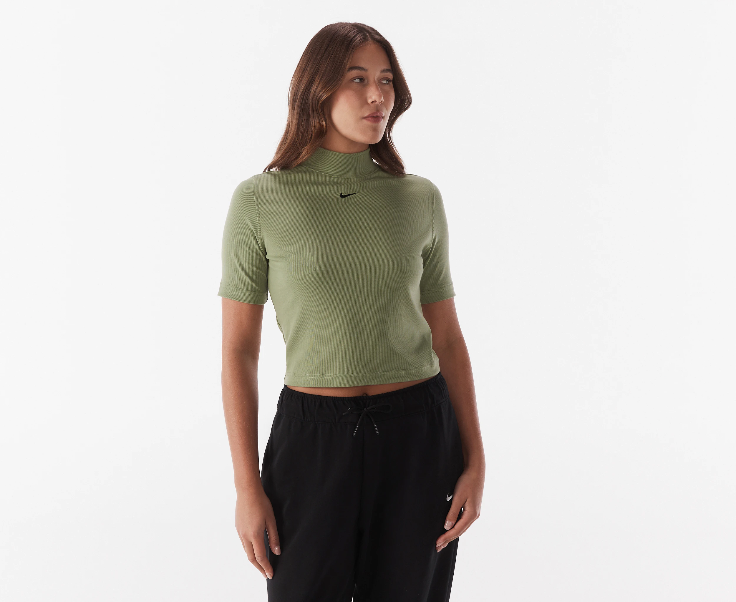 Nike Sportswear Women's Essential Ribbed Mock-Neck Short Sleeve Top - Oil Green